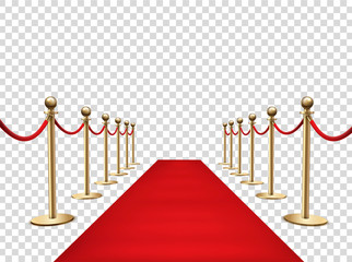 Red carpet and golden barriers realistic 3d vector illustration - obrazy, fototapety, plakaty
