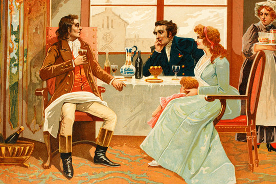 Camille Desmoulins (left) talking with friends. 1760-1794. Journalist and political jacobin. French revolution. Antique illustration. Book of history. 1897.