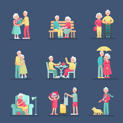 Fototapeta premium Couple old senior man and woman in different situations set. Grey haired couple old people together cartoon vector isolated on light background.