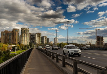 Traffic in the city during the day. Leningradskoye highway. Moscow. Russia.