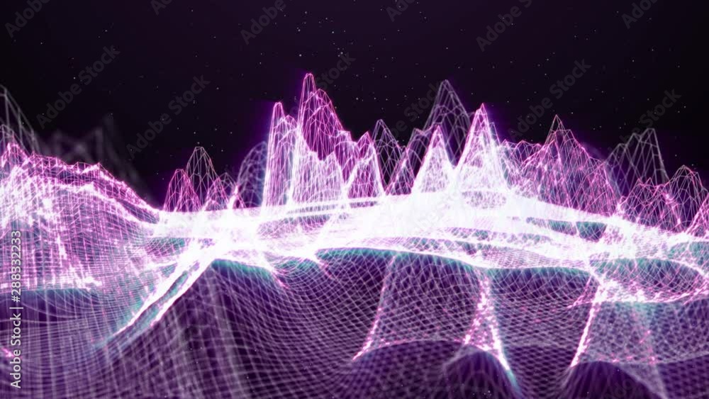Poster wireframe landscape magic technology 4k in galaxy nebula cyber scifi motion. 3d futuristic abstract 