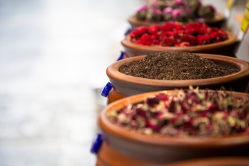 Market with different types of natural organic tea. Oriental bazaar.