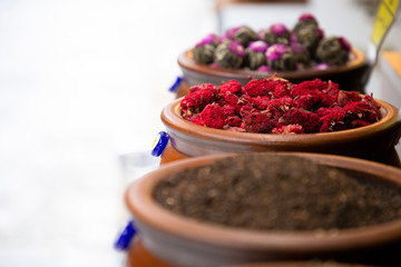 Market with different types of natural organic tea. Oriental bazaar.