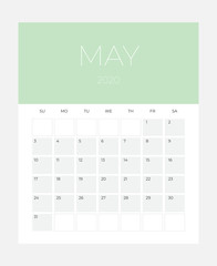 2020 Calendar - illustration. Template. Mock up Week starts Sunday