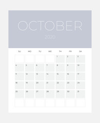 2020 Calendar - illustration. Template. Mock up Week starts Sunday