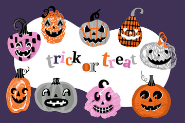 Halloween holiday banner design with cute jack o lantern pumpkins