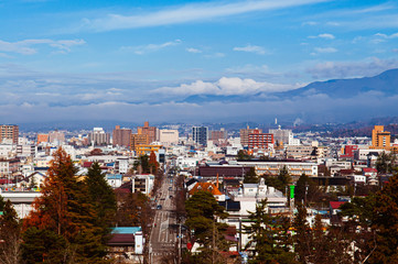 Aizu Wakamatsu City view with moutain in background