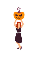 Happy Halloween pumpkin with scary face on white background. Color vector illustration for party banner, poster, flyer with young redhair girl and jack o lantern