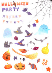 .Watercolor Halloween Illustration Set. Funny Cute cartoon baby character, ghost spirit, spider, cobweb, Magic hat, sweets, stars, pumpkin, flag, bat, cat, leave, jack, good for holiday design