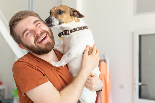 Animal, pet and people concept - Smiling man in casual mustard t-shirt with his jack russell terrier