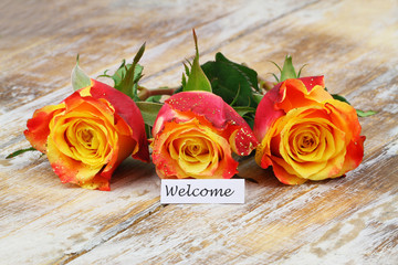 Welcome card with three colorful roses sprinkled with glitter on rustic wooden surface