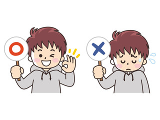 若い男性と○×の札