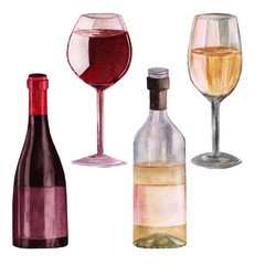 Set of realistic bottles and glasses of various shapes with different types of grape wine - white and red.Elements are painted by watercolor by hand, isolated. For the design of menus, wine cards,book