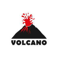 Volcano vector illustration. Nature disaster eruption with smoke, lava, clouds in the sky. Flat design logo template. Outdoor adventure.