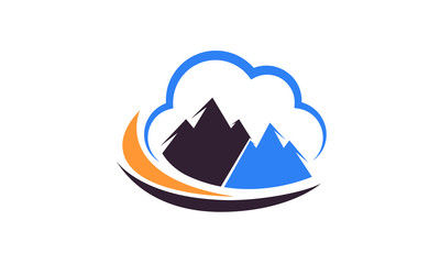 Abstract mountain peaks inside a stylized cloud shape with swooshing elements