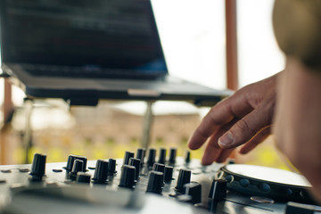 the sound engineer, the buttons on the remote control. Remote control of the sound engineer shallow depth of field. Vintage photo processing