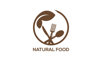Organic natural food logo with spoon fork leaf and circle