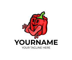 Red bell pepper cartoon character, logo design. Organic food, vegetable, vegetarian eating and dieting, vector design and illustration