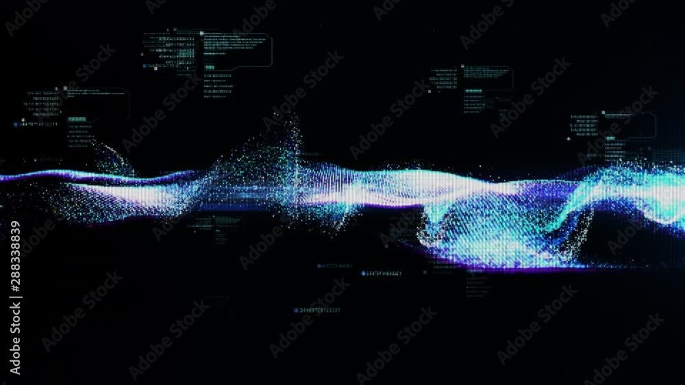Poster Futuristic digitally generated motion graphic particles wave flowing abstract in cyber space technology de-focus background