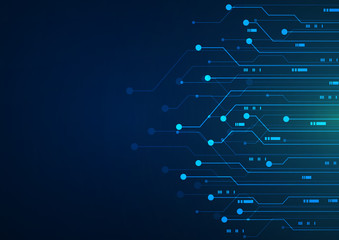 Circuit board. Abstract blue background with dots and lines