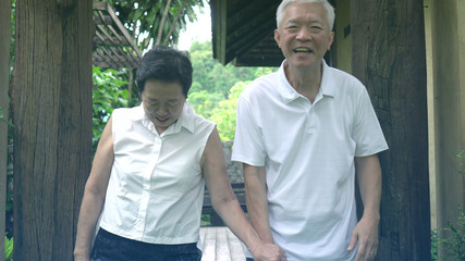Asian senior couple smiling happy in green tree background