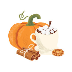 Jesień wektor na białym tle Święto Dziękczynienia Hygge przytulne ilustracja z dyni, kubek kakao, pianki, laski cynamonu i suszony plasterek pomarańczy na białym tle. - 288340006