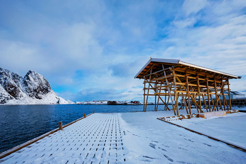 Drying flakes for stockfish cod fish in winter. Lofoten islands, Norway