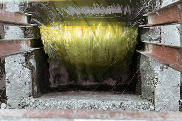 Water flows into the drain. Sewage flows down the drain