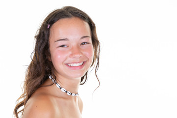 Happy cheerful young woman with beautiful smile face teeth and curly hair laughing on white light...