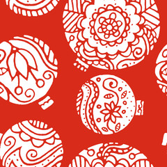 Christmas decor seamless pattern. floral decor on a red background. Use for background, wrapping paper, covers, fabrics, cards, stationery. Vector