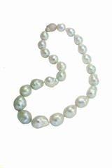 South Sea baroque pearls necklace with a diamond incrusted platinum clasp. Shown isolated on a white background.