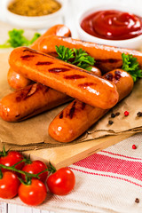 Grilled Smoked Knackwurst Bratwurst Sausages. Selective focus.