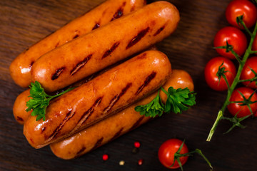 Grilled Smoked Knackwurst Bratwurst Sausages. Selective focus.