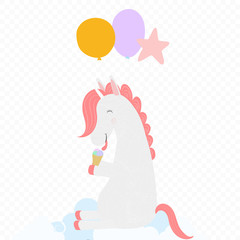 Cute Unicorn with balloons licking ice cream cone