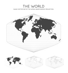 Map of The World. Baker Dinomic projection. Globe with latitude and longitude lines. World map on meridians and parallels background. Vector illustration.