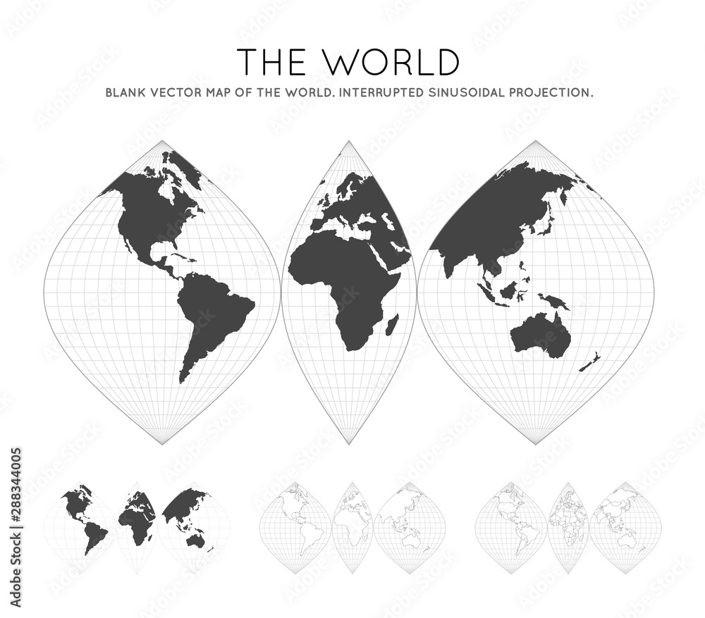 Poster map of the world. interrupted sinusoidal projection. globe with latitude and longitude lines. world 