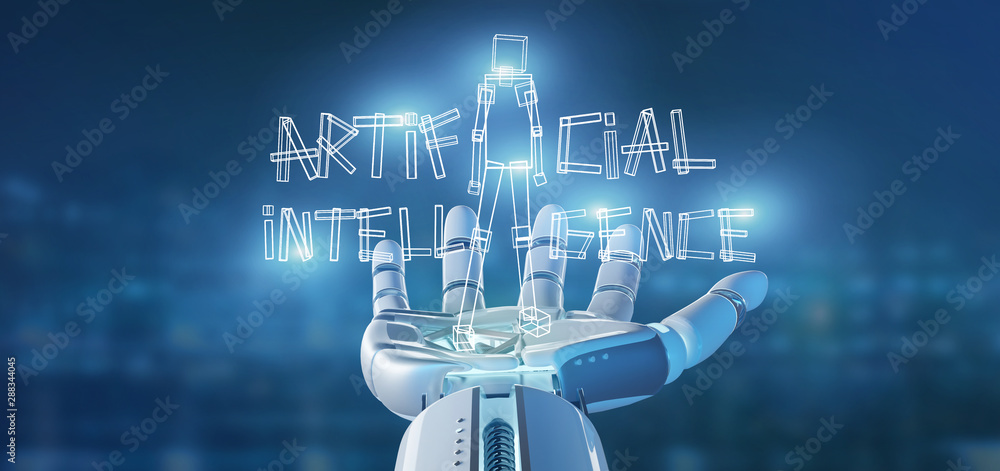Poster cyborg hand holding a artificial inteligence robot made of light 3d rendering