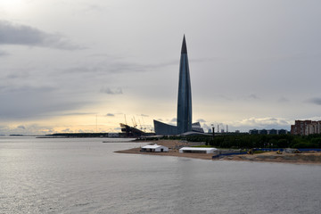 Saint Petersburg waterfront skyline at sunset