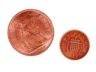 From Rule Britannia to a Portcullis defence object. UK old and new penny coins. Isolated on white...