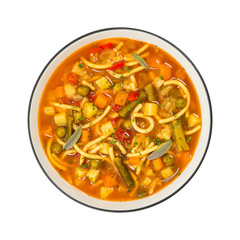 Vegetarian Vegetable Soup Isolated on a white background. Selective focus.