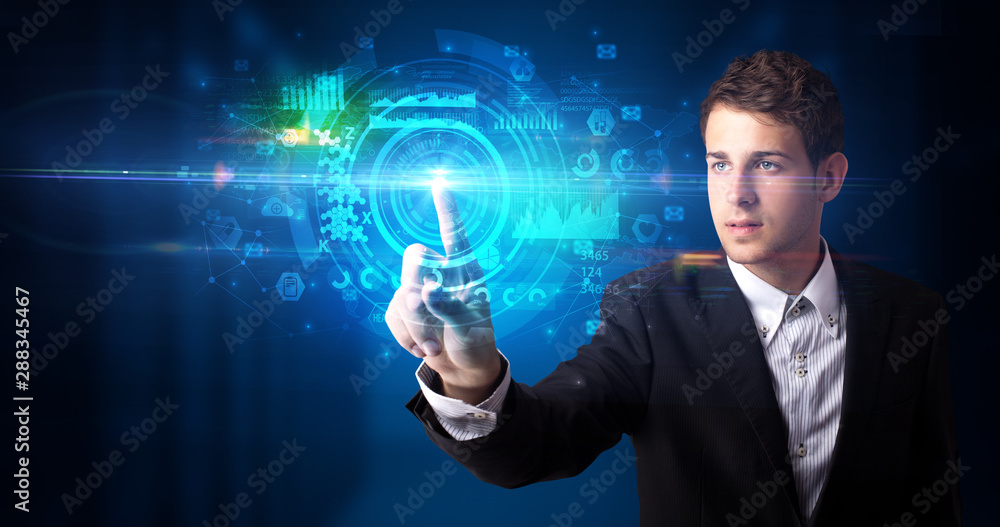 Poster man touching hologram screen displaying medical symbols and charts