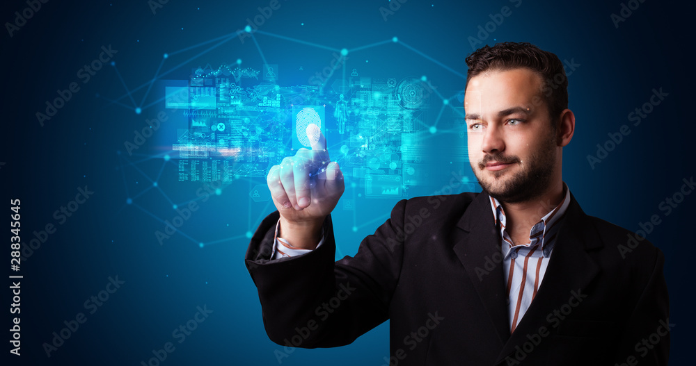 Leinwandbilder man accessing modern hologram personal database with fingerprint identification