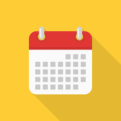 Calendar icon with long shadow on yellow background, flat design style