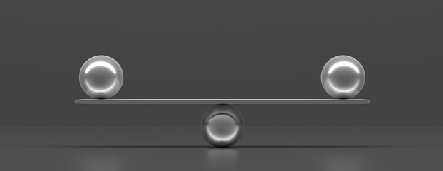 Silver balls balanced on a scale beam, black background, banner. 3d illustration