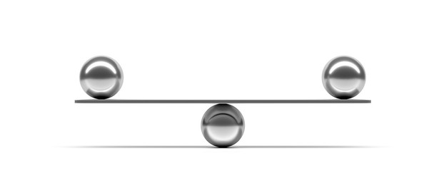 Silver balls balanced on a scale beam, white background, banner. 3d illustration
