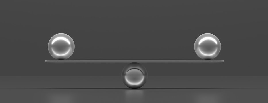 Silver balls balanced on a scale beam, black background, banner. 3d illustration