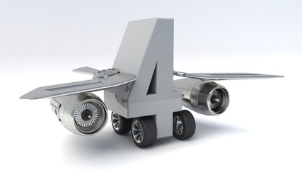3D illustration of number 4 with wings and wheels