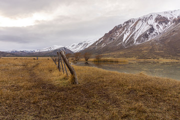 Scene view of an overcast day against snow-capped mountains during winter season in Patagonia, Argentina