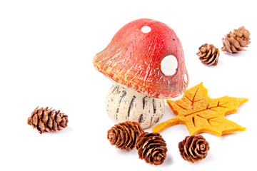 Wild forest red amanita mushrooms with beautiful autumn leave and pine cone isolated on white background
