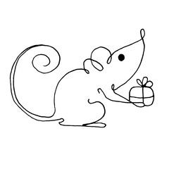 Funny Christmas mouse. Vector outline hand drawn illustration Continuous outline drawing. A separate element of the new year set. Isolated on white background.